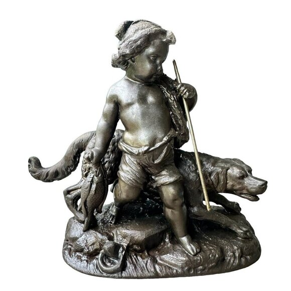 VTG French Style Cast Bronze Sculpture 6.75" Young Boy Fish Spear‎ Cast Net Dog - Picture 2 of 11